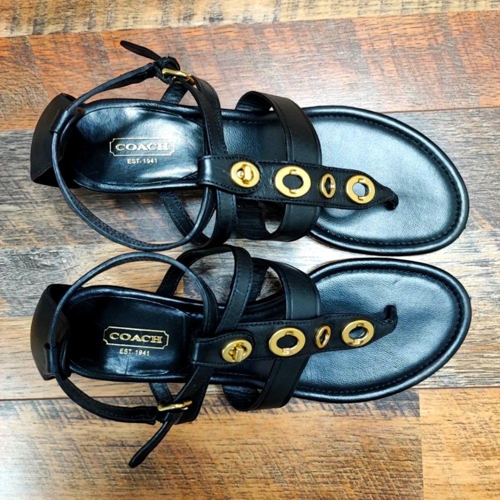 Coach Vicky Wedge Black Leather Sandals Cognac Size 10
